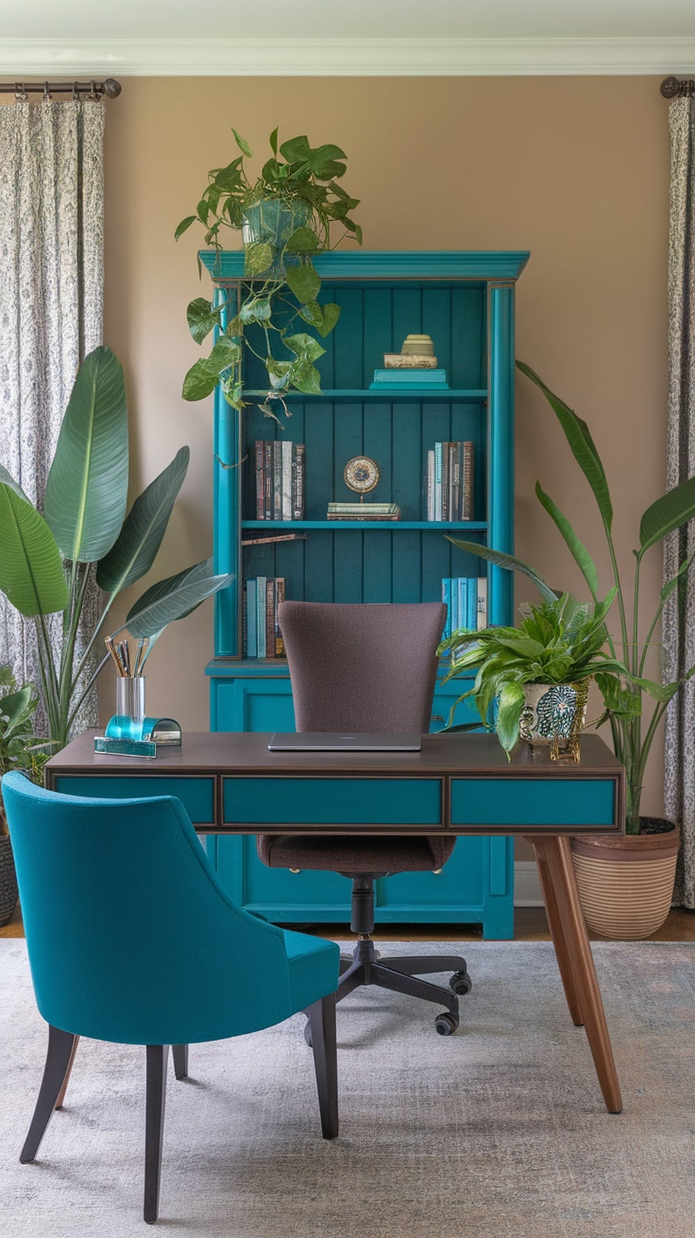 Eclectic home office featuring accessible beige walls, teal accents, and walnut furniture.