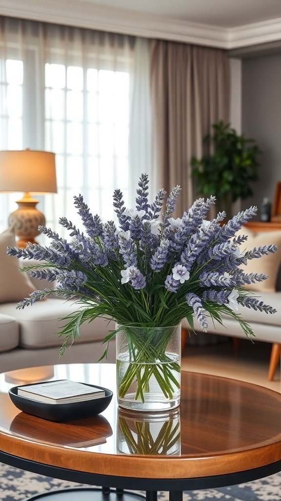 A beautiful bouquet of lavender flowers in a clear glass vase on a wooden table in a living room setting.