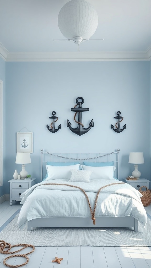 Light blue bedroom with nautical theme featuring anchors, white linens, and natural decor elements.