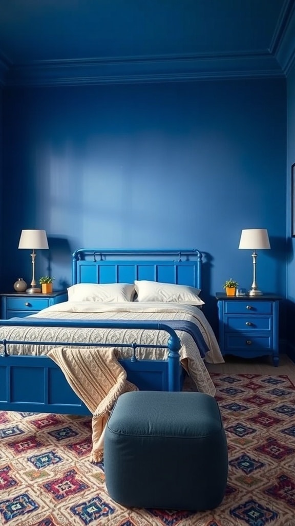 A bold blue bedroom featuring a blue bed frame, nightstands, and an ottoman, complemented by a patterned rug.