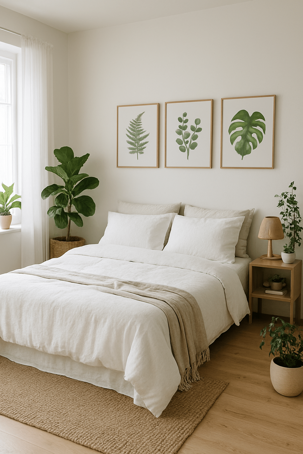 A bright white bedroom featuring botanical decor with plants and framed leaf prints.