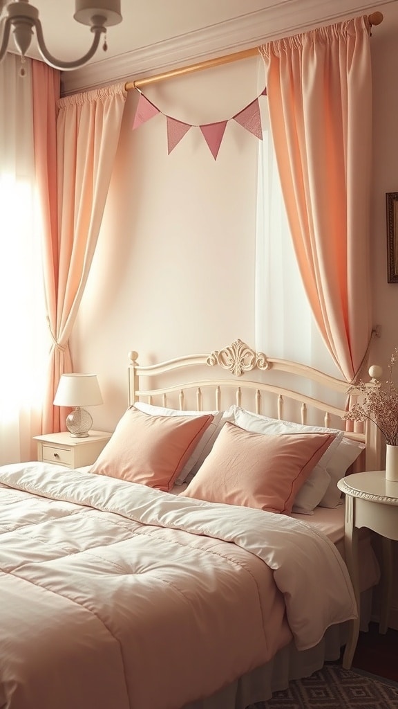 A cozy bedroom featuring blush accents with soft pink curtains, bedding, and playful bunting.