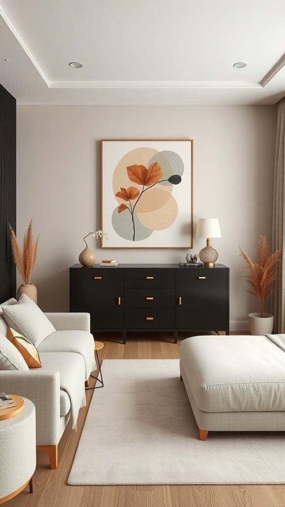 A modern chic bedroom featuring beige walls, a black dresser with gold accents, and stylish decor.