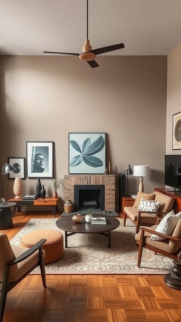 A cozy living room featuring taupe walls, eclectic furniture, and decorative art.