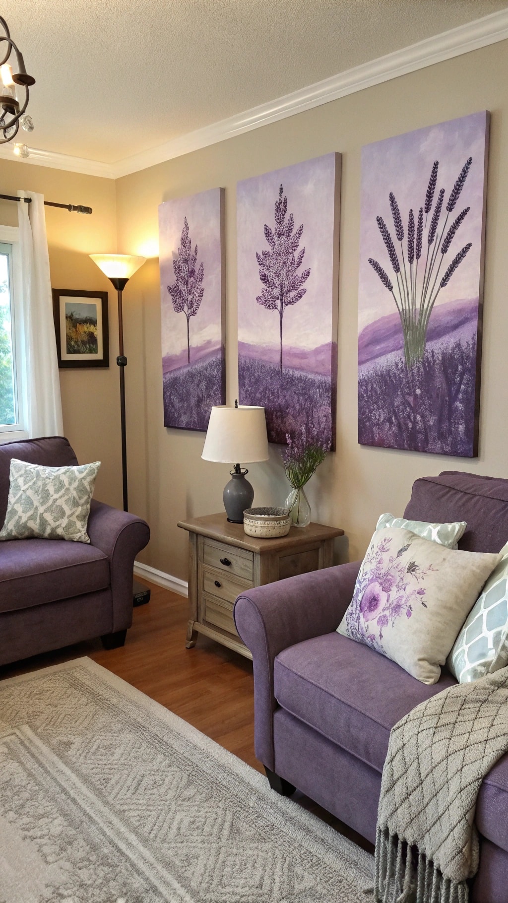 A lavender-themed living room featuring three lavender paintings, purple furniture, and cozy decor.