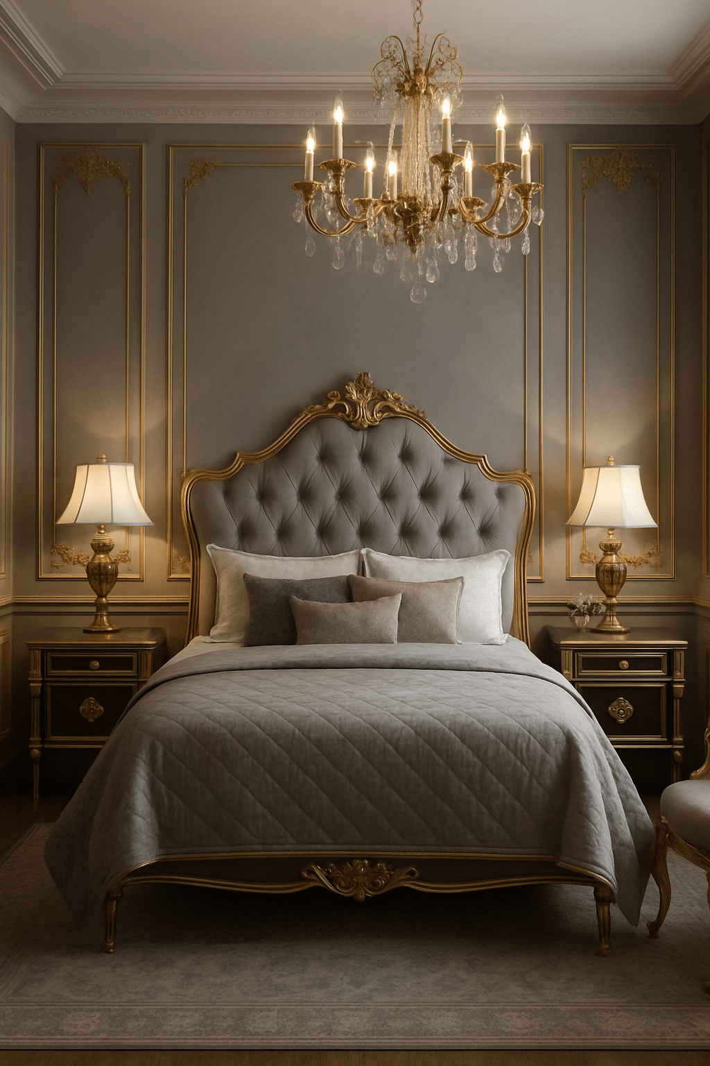 A luxurious gray bedroom featuring a tufted bed with gold accents, elegant lighting, and ornate furniture.