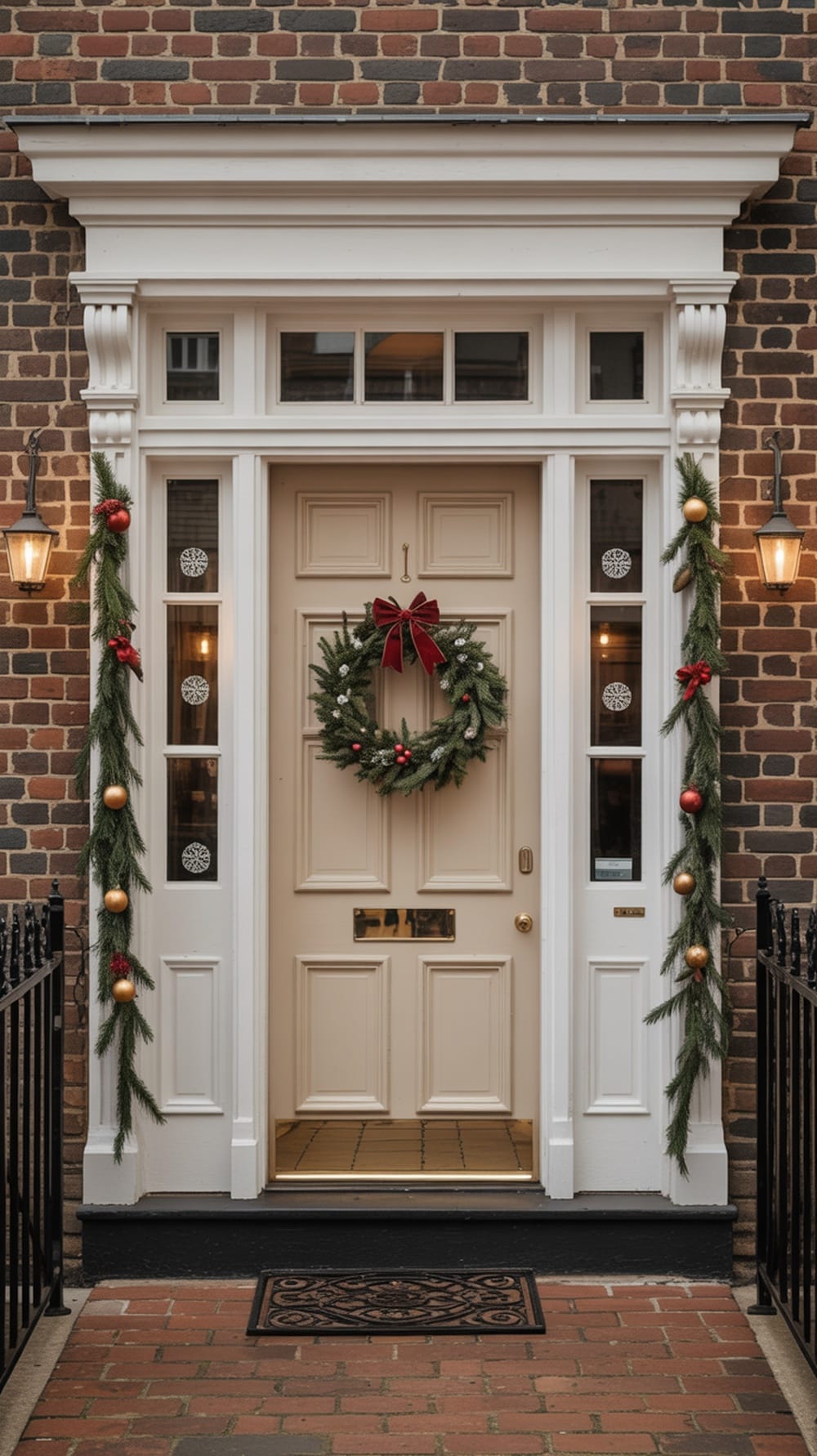A modern cream front door decorated for the holiday season with a wreath, garlands, and lanterns.