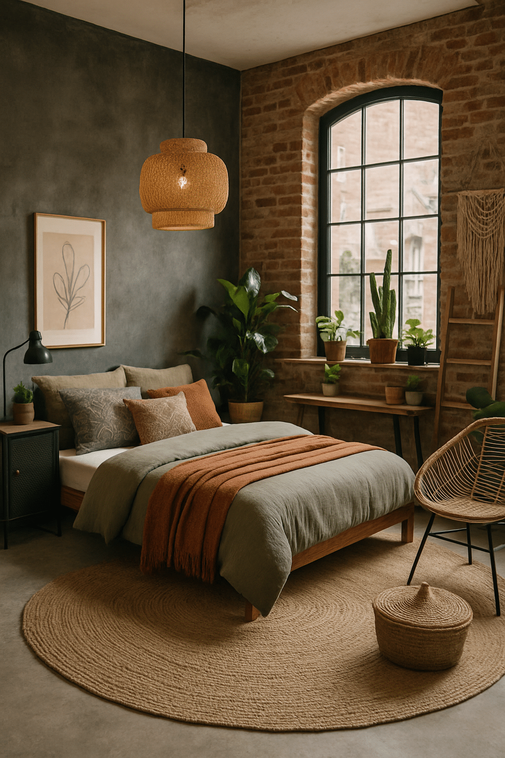A cozy bohemian-style bedroom featuring earthy tones, plants, and a mix of textures.