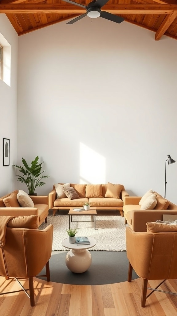 A minimalist caramel living room featuring cozy sofas, a coffee table, and a potted plant.