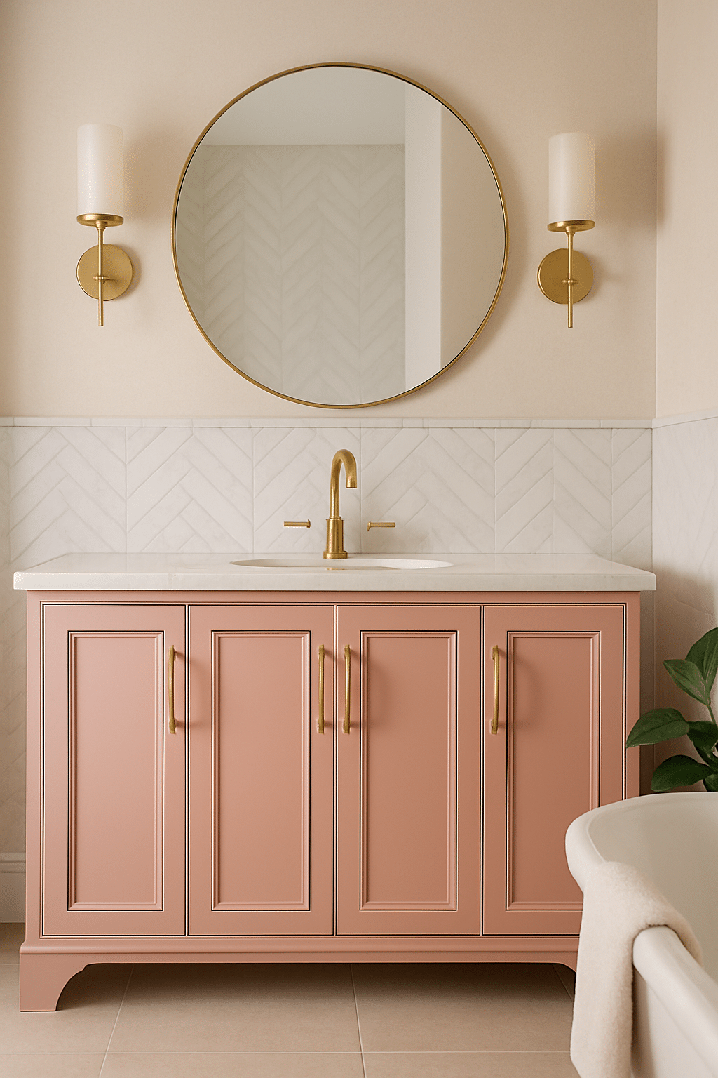 A cozy blush pink bathroom featuring a vanity with gold hardware, round mirror, and herringbone tile.