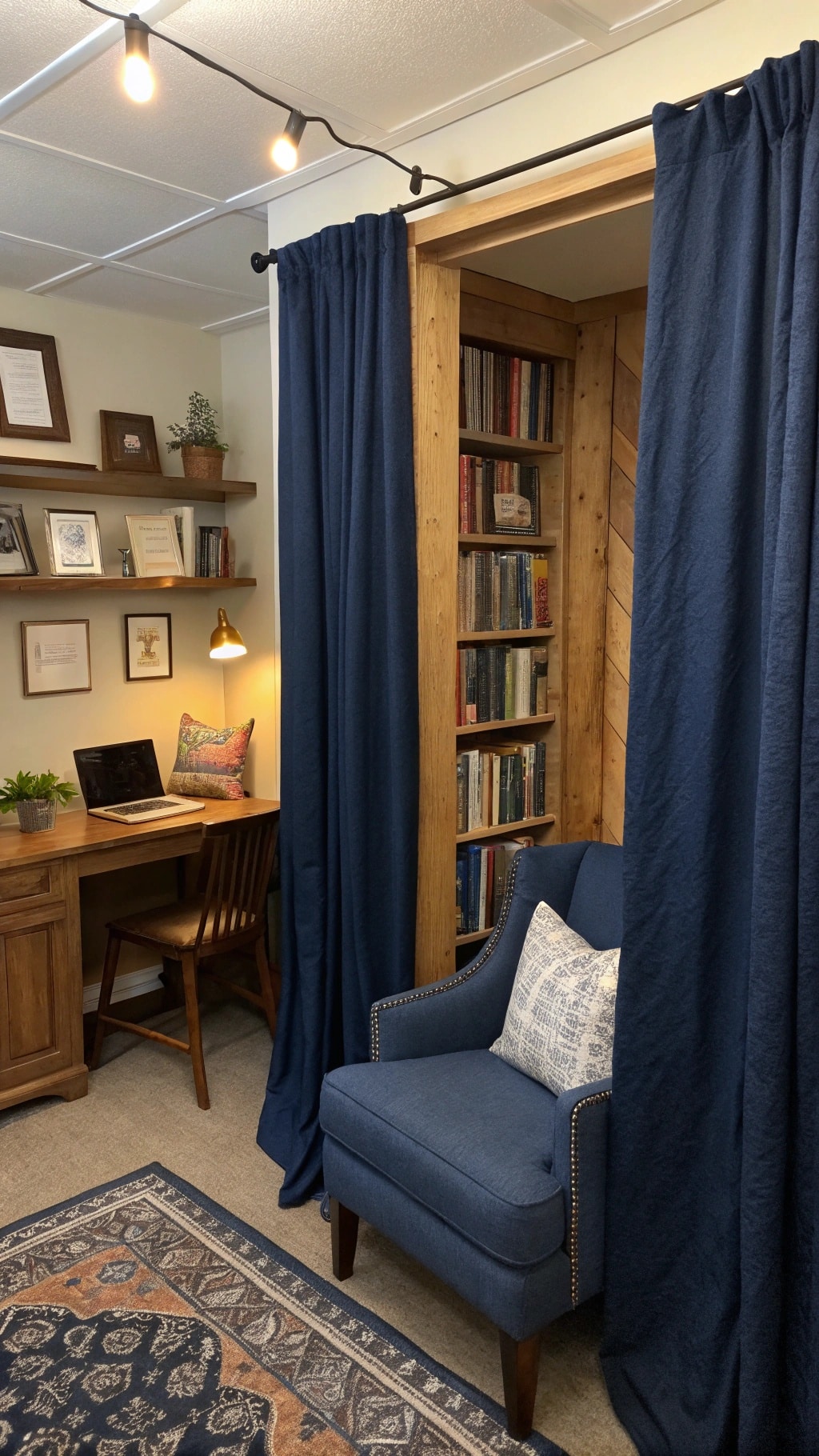 A cozy office space featuring navy blue curtains, a comfortable chair, and a wooden desk with a laptop.