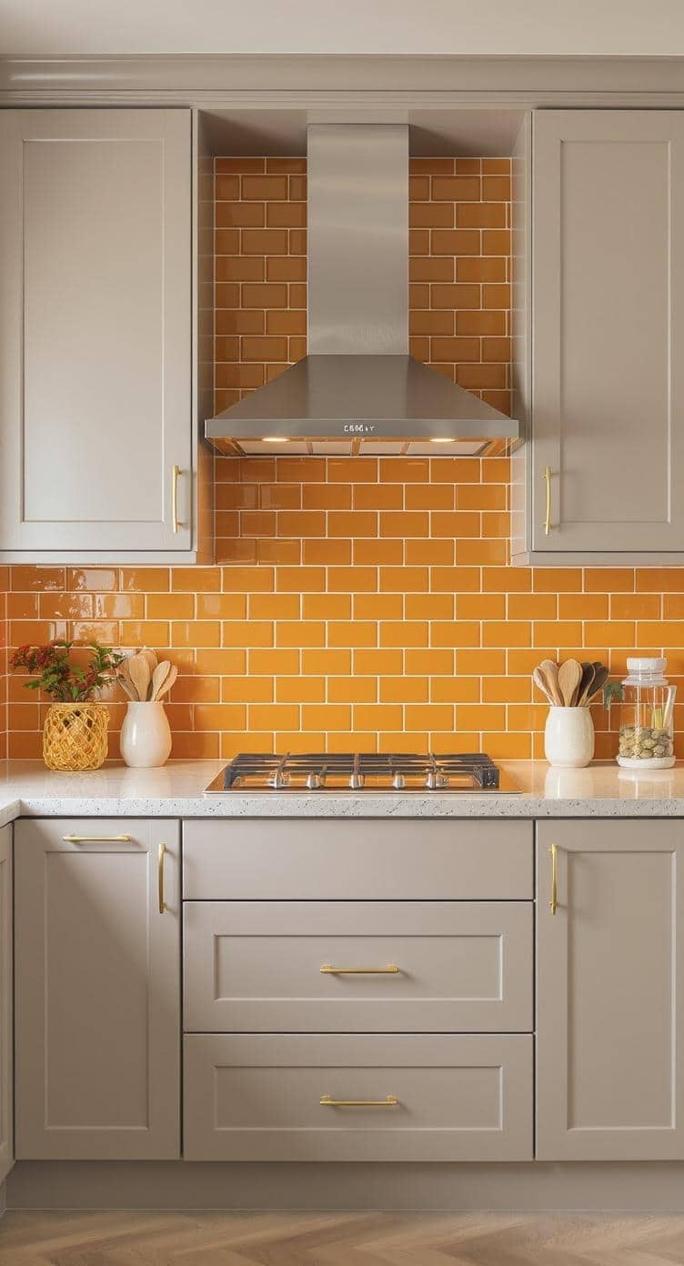 A kitchen featuring greige cabinets and a bold orange backsplash, with gold hardware and a modern design.