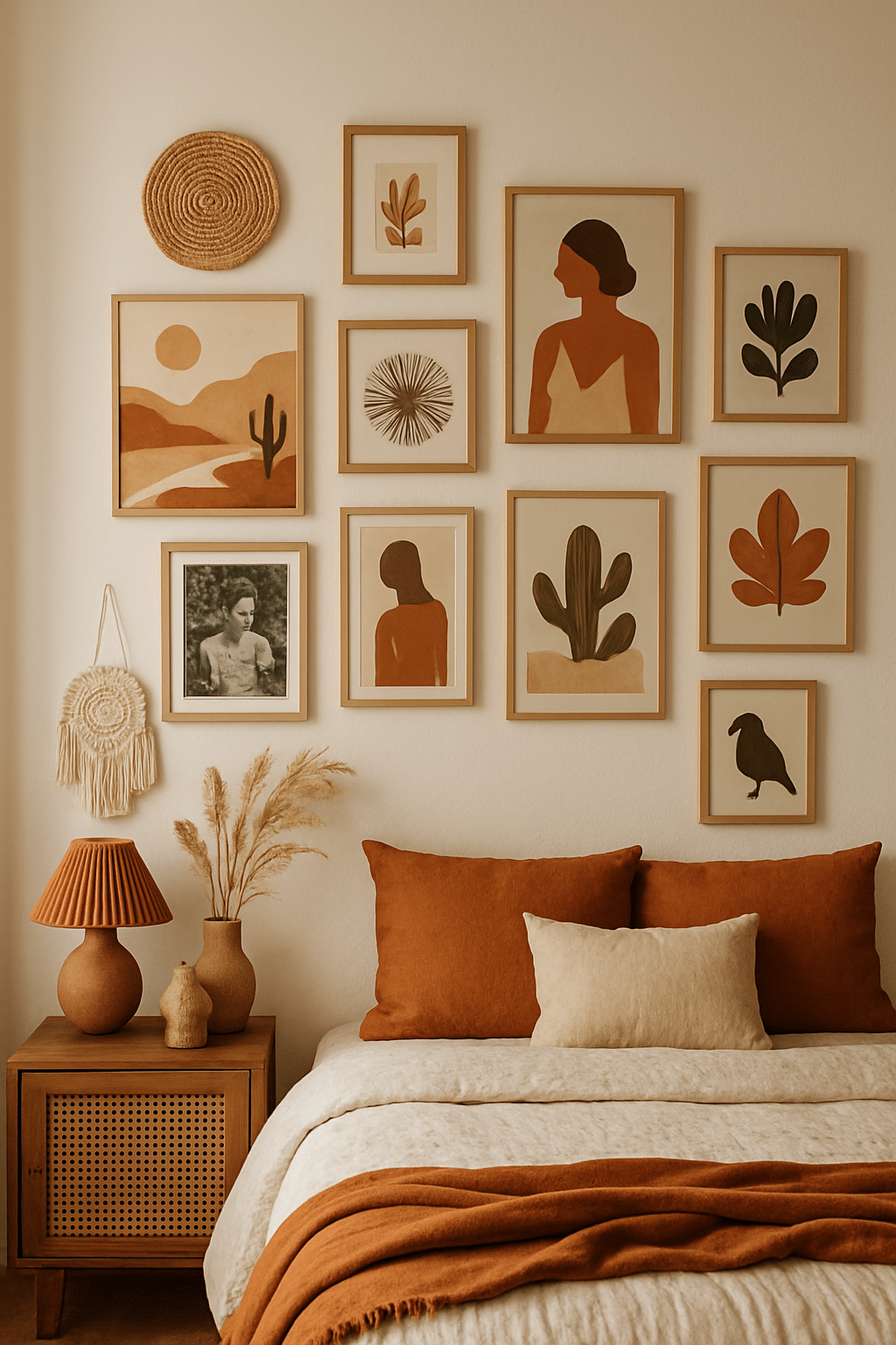 A cozy boho bedroom with a wall of framed artwork, warm tones, and stylish decor elements.