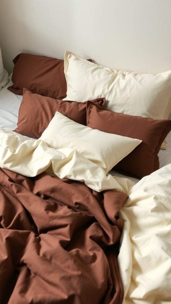 A cozy bed with chocolate and cream bedding, featuring various pillows and blankets.