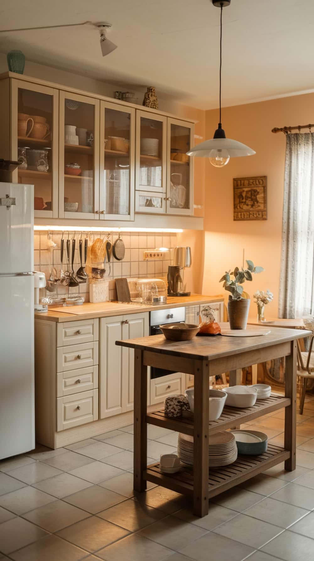 A cozy kitchen with Accessible Beige cabinets, showcasing glass-front storage and warm decor.