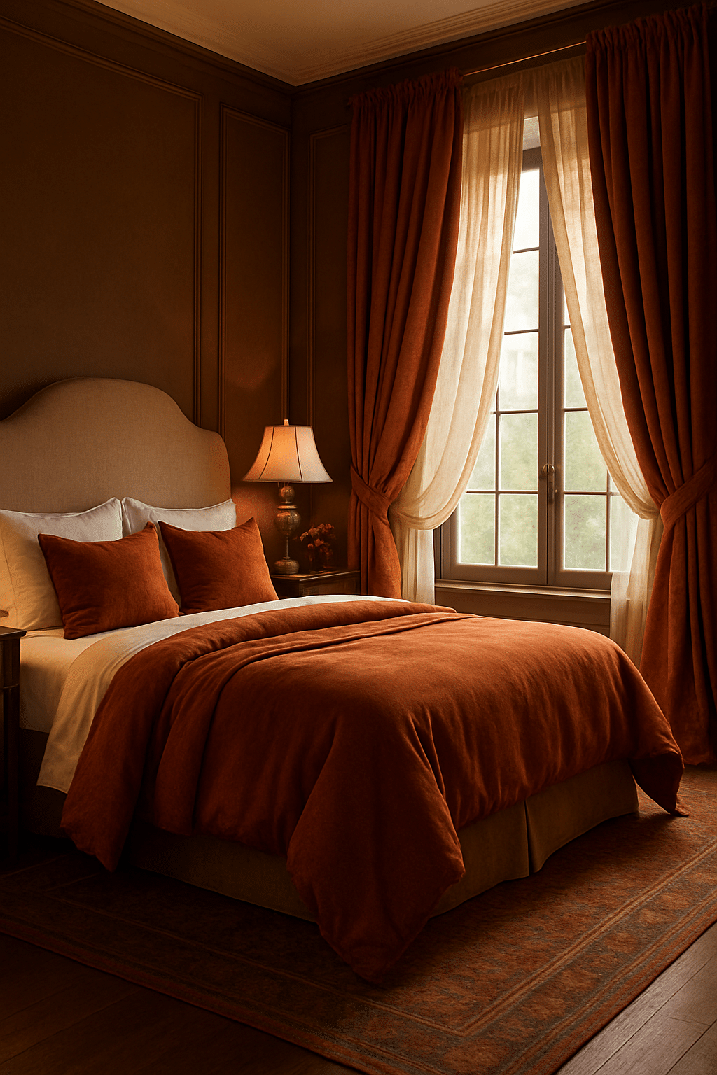 A cozy bedroom featuring burnt sienna bedding and curtains, with soft lighting and warm tones.