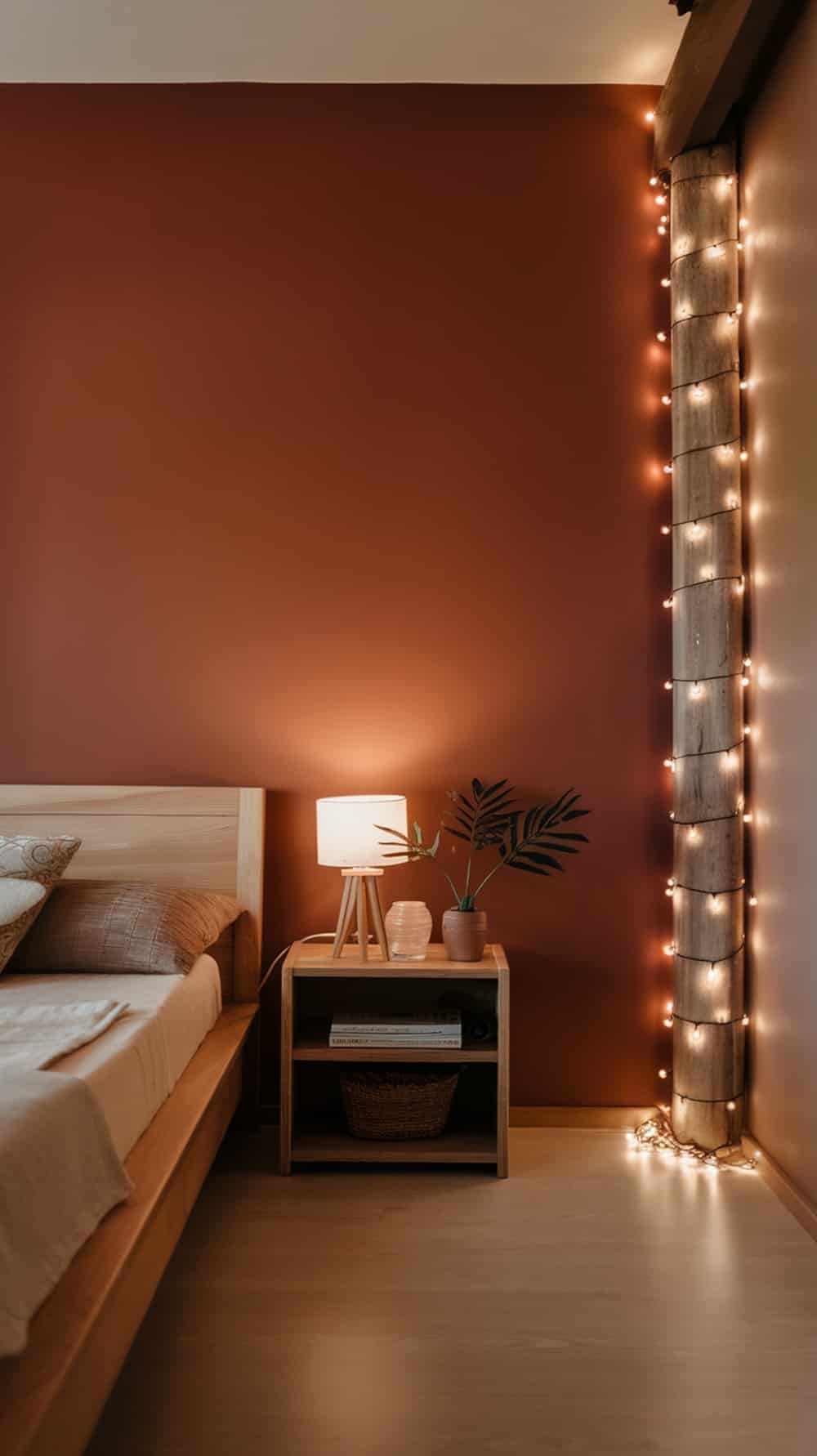 A cozy bedroom featuring a terracotta accent wall, soft bedding, and a decorative vase.