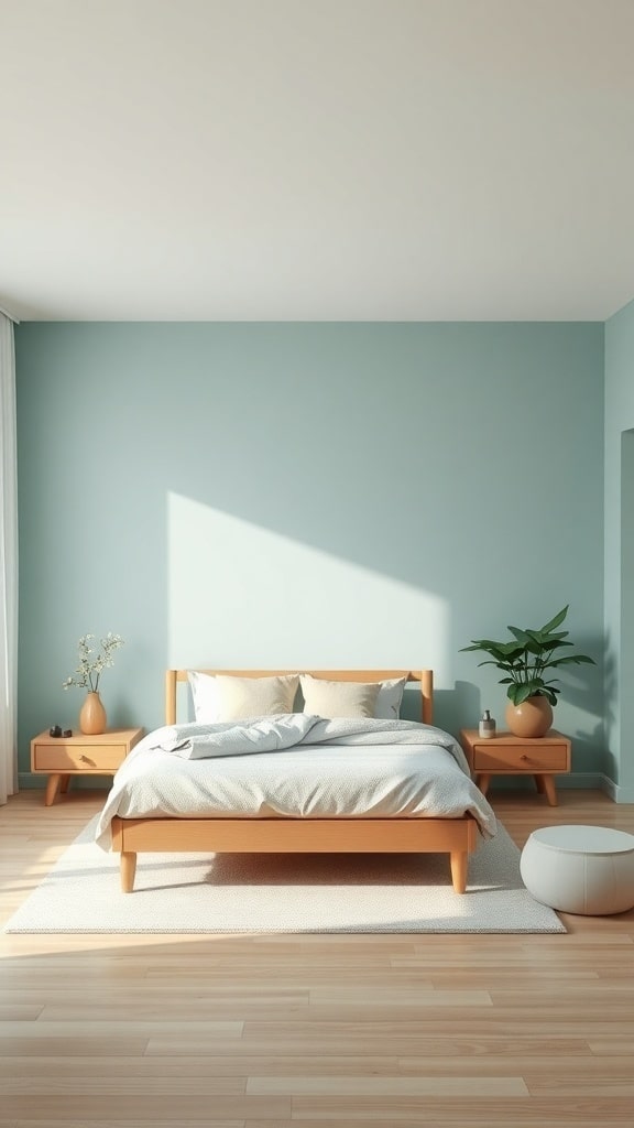 A minimalist teal bedroom featuring light wood furniture, soft bedding, and a potted plant.