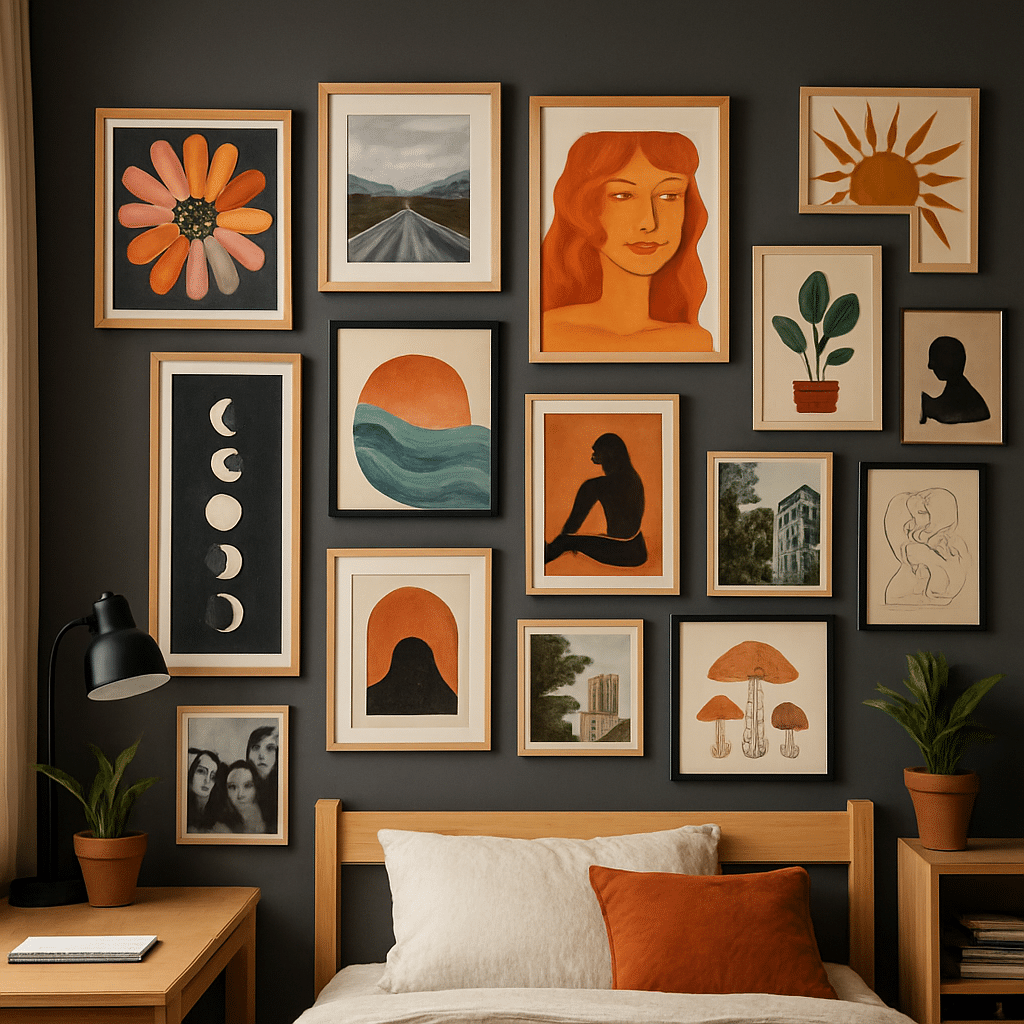 Gallery wall display with various framed artworks on a charcoal gray wall