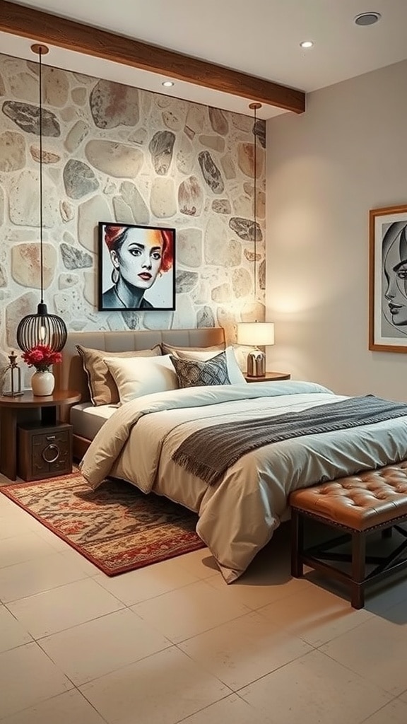 A cozy bedroom featuring a stone wall, soft bedding, and artistic decor.