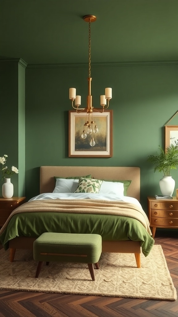 Mid-century bedroom with green walls, gold chandelier, and green bedding