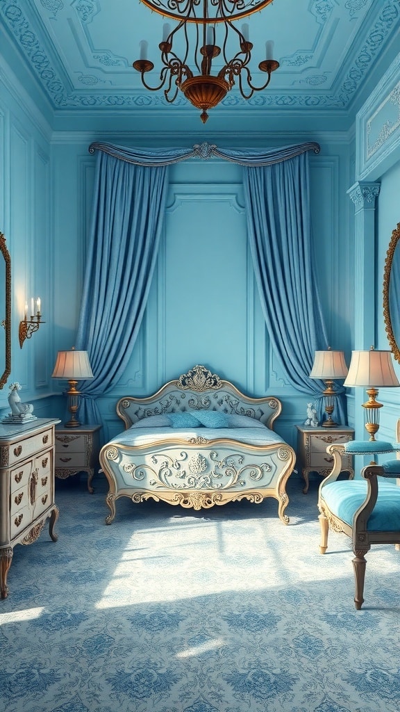 A vintage glamour light blue bedroom featuring ornate furniture, elegant drapes, and soft lighting.