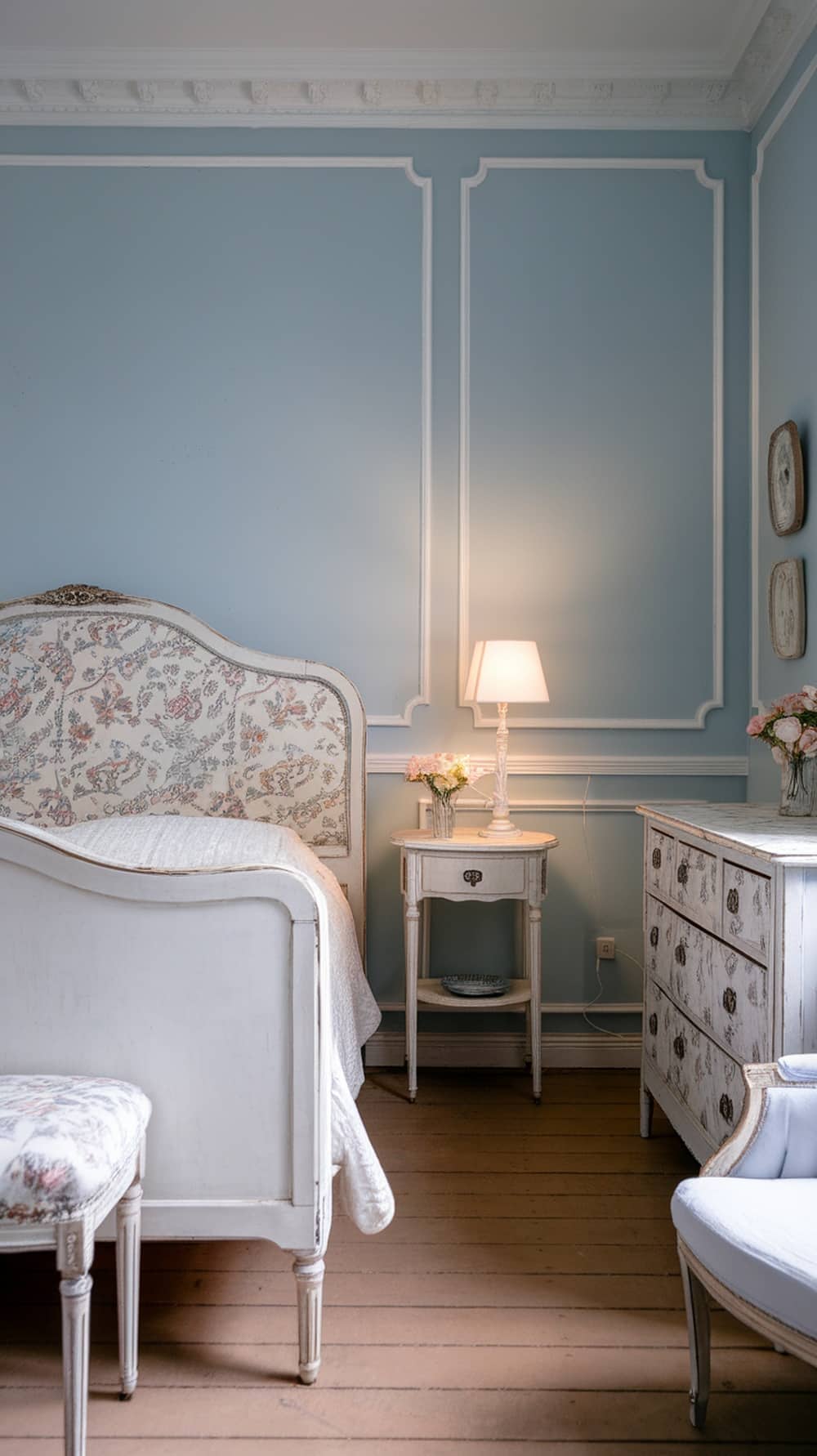A light blue bedroom with a sky mural featuring clouds, a wooden dresser, and a potted plant.