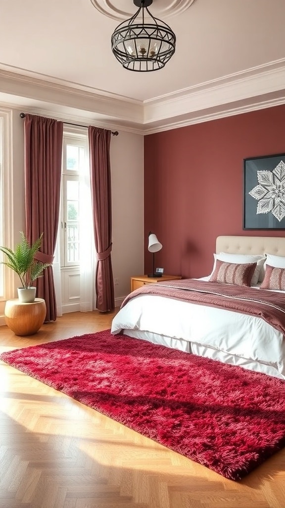 A cozy bedroom featuring a plush burgundy area rug, complemented by burgundy curtains and bedding.