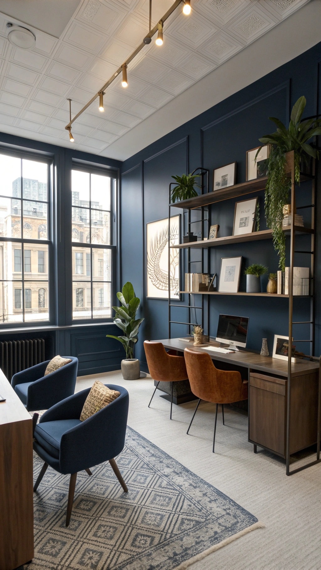 A stylish office featuring navy blue walls, navy chairs, and a mix of decorative elements.