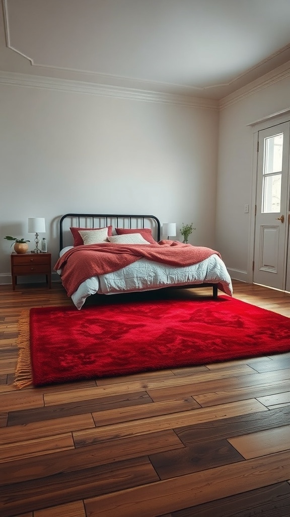A cozy bedroom featuring a bold red rug under a bed with red and white bedding, wooden flooring, and natural light from a nearby door.