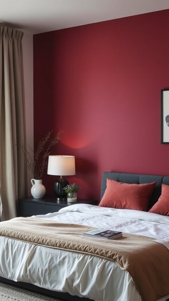 A bedroom featuring a burgundy accent wall, light bedding, and stylish decor.