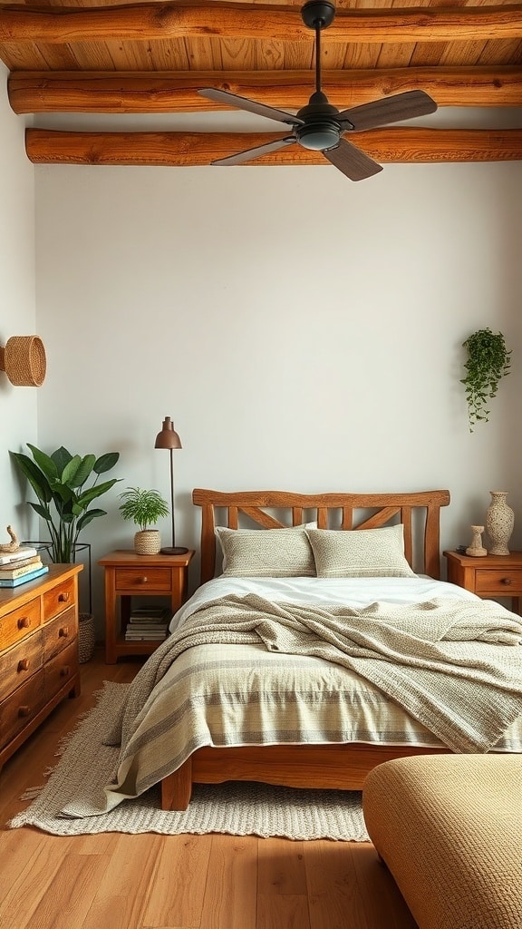 A cozy bedroom featuring rustic wooden furniture, including a bed, nightstands, and a dresser, with a warm color palette and natural textures.