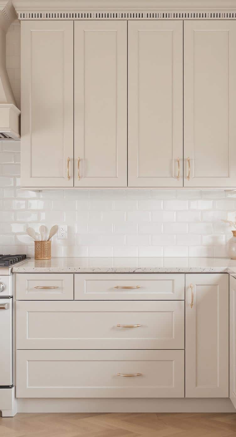 A kitchen featuring classic greige cabinets with elegant gold hardware, a light backsplash, and a marble countertop.