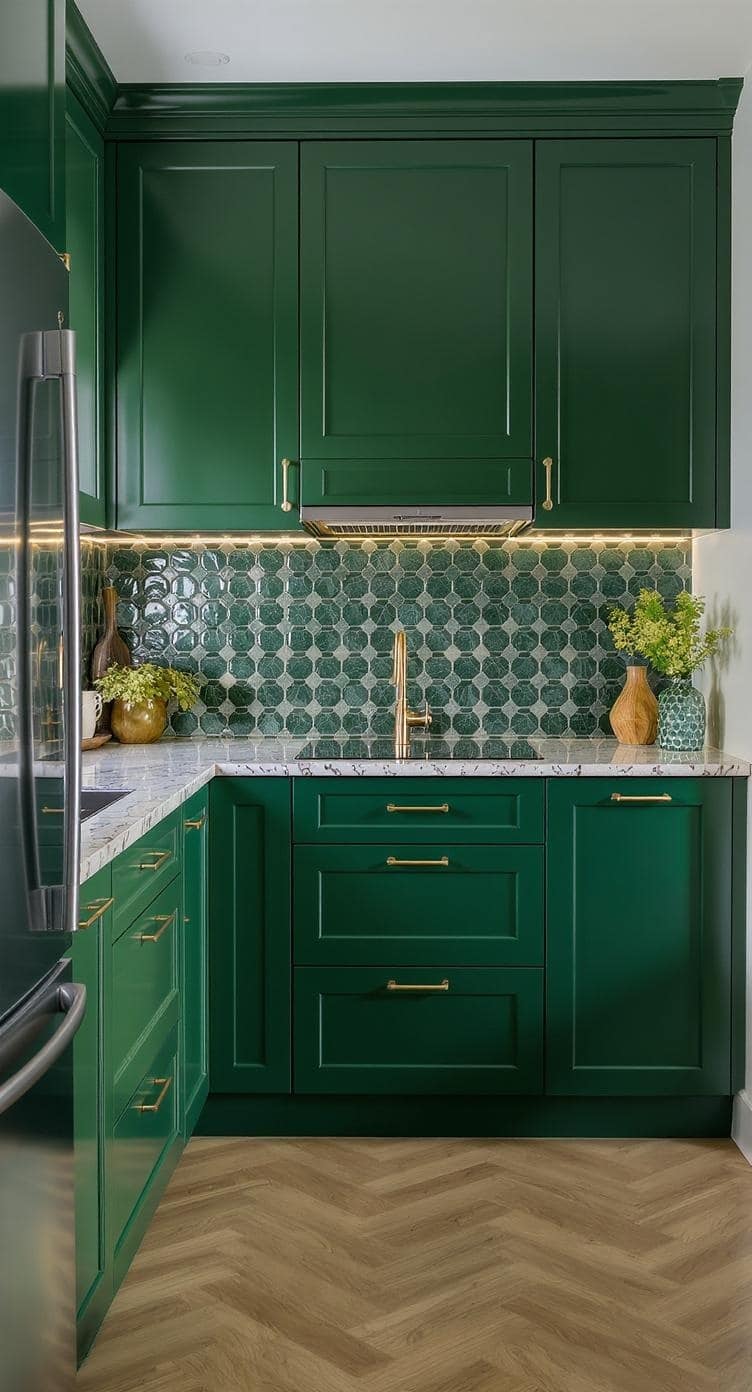 Stylish emerald green kitchen featuring textured backsplash, smooth cabinets, and wooden flooring.
