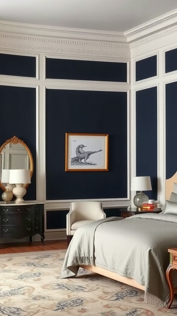 A bedroom featuring deep navy walls with white trim, elegant furniture, and decorative artwork.