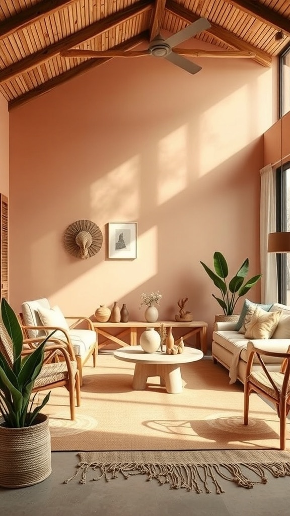 A cozy boho terracotta living room with natural wood beams, rattan furniture, and indoor plants.