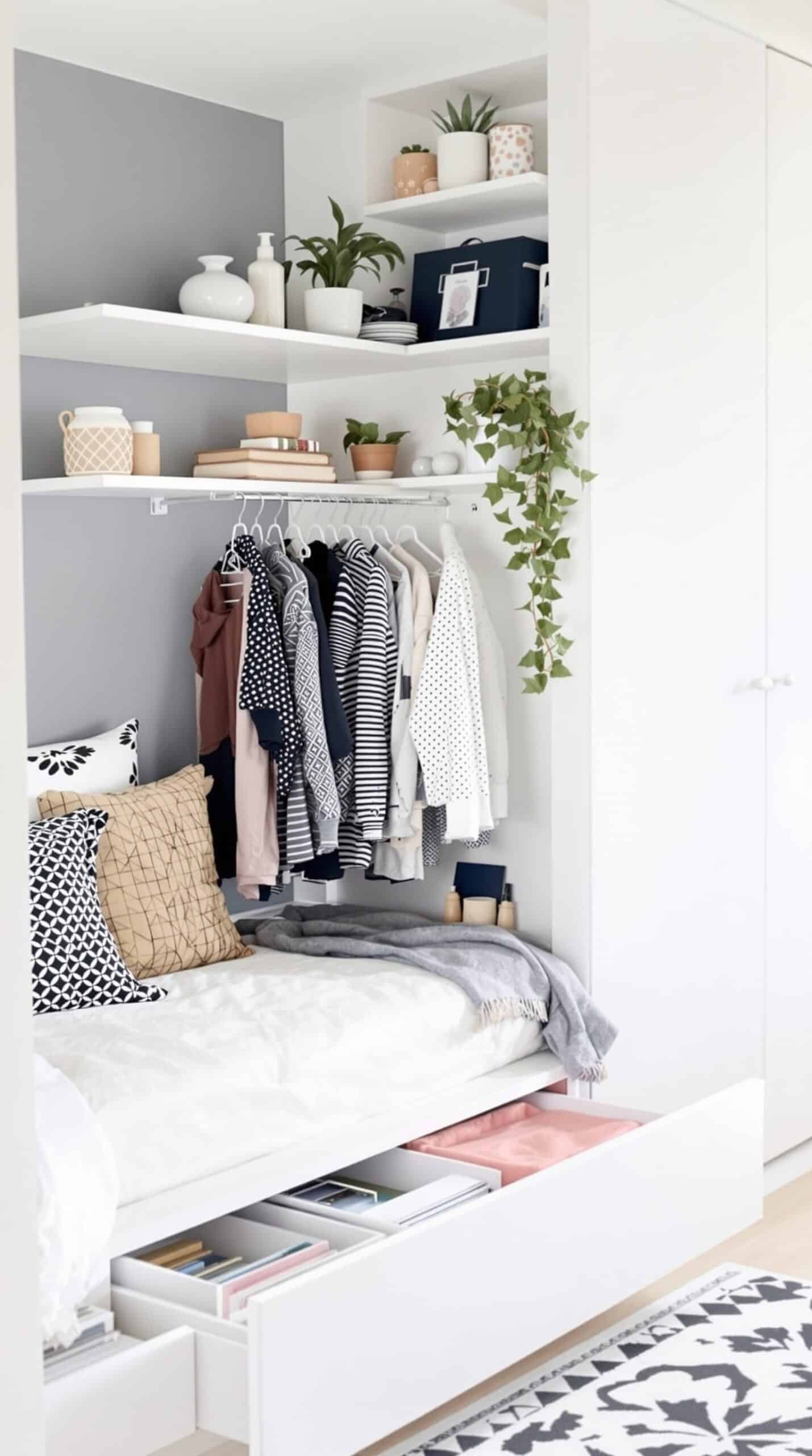 A small white bedroom with a bed featuring built-in storage drawers and a shelf above.