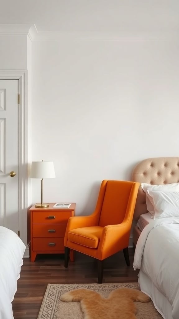 An orange chair and matching nightstand in a bright bedroom setting.