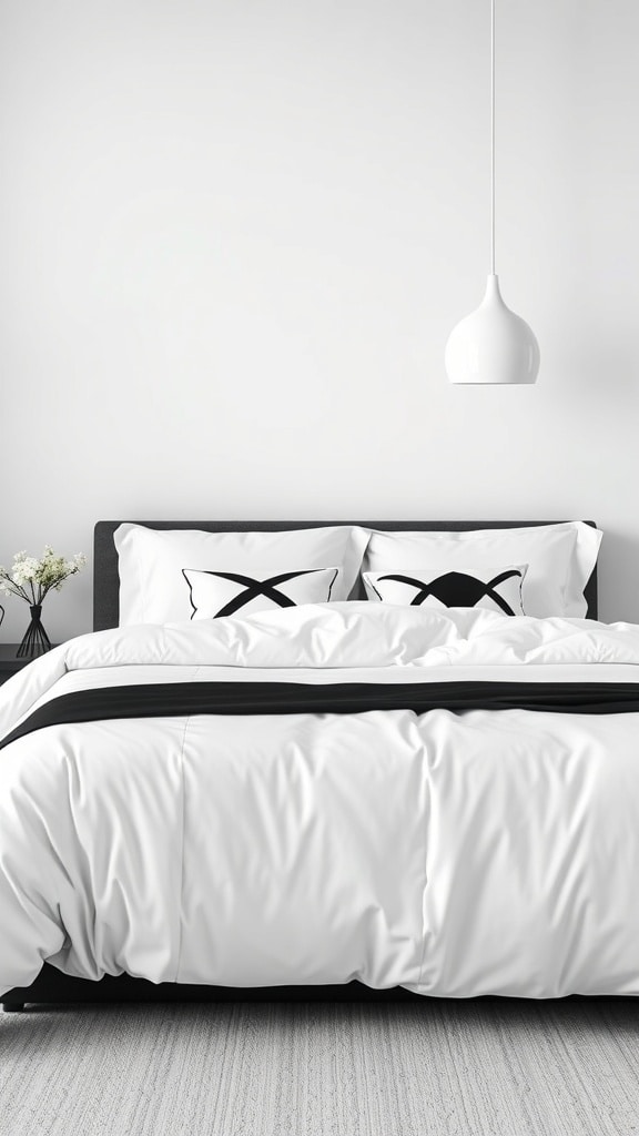 A minimalist black and white bedroom featuring sleek bedding and a modern light fixture.