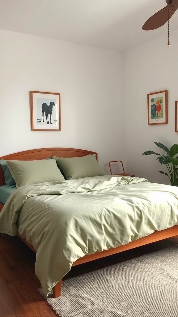 A cozy bedroom featuring sage green bedding on a wooden bed frame, with framed artwork on the walls and a plant in the corner.