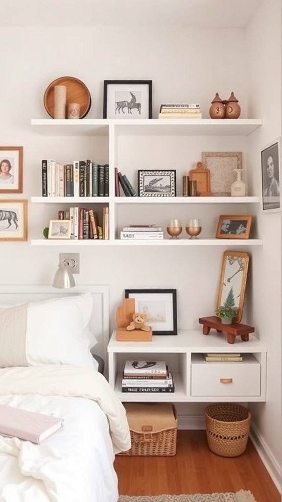 Personalized white shelving in a cozy bedroom with books, photos, and decorative items.