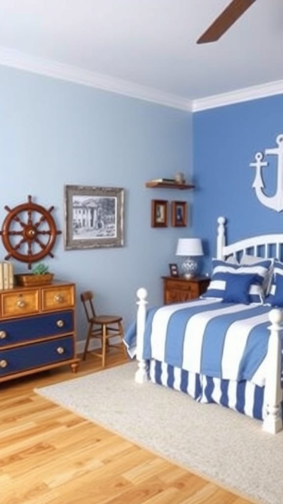 A nautical-inspired blue bedroom featuring soft blue walls, striped bedding, and a ship's wheel decor.