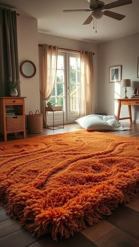 A cozy bedroom featuring a plush earthy orange rug, wooden flooring, and natural light.