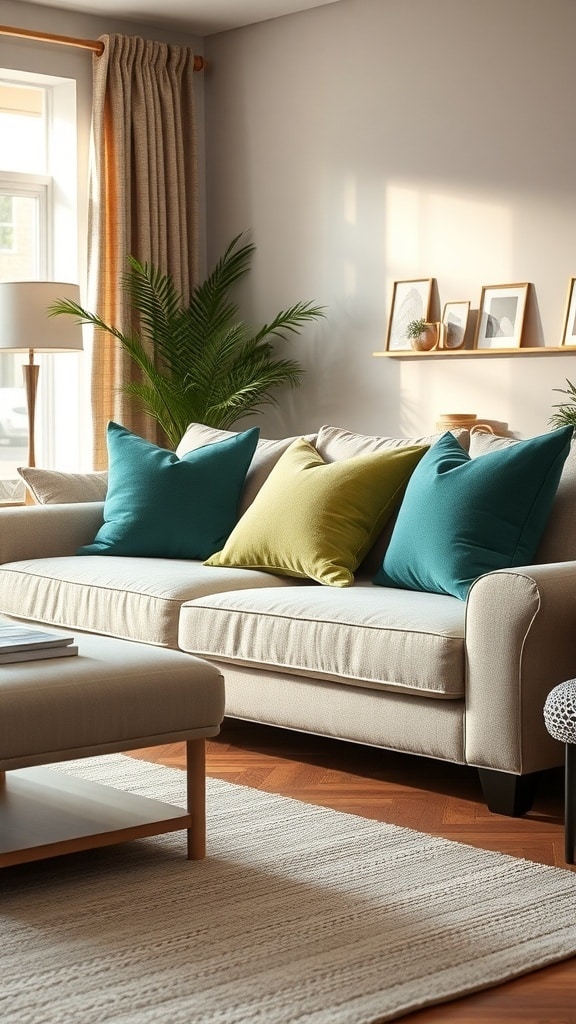 A cozy living room with a beige sofa featuring emerald green and yellow throw pillows, a light rug, and a plant in the corner.