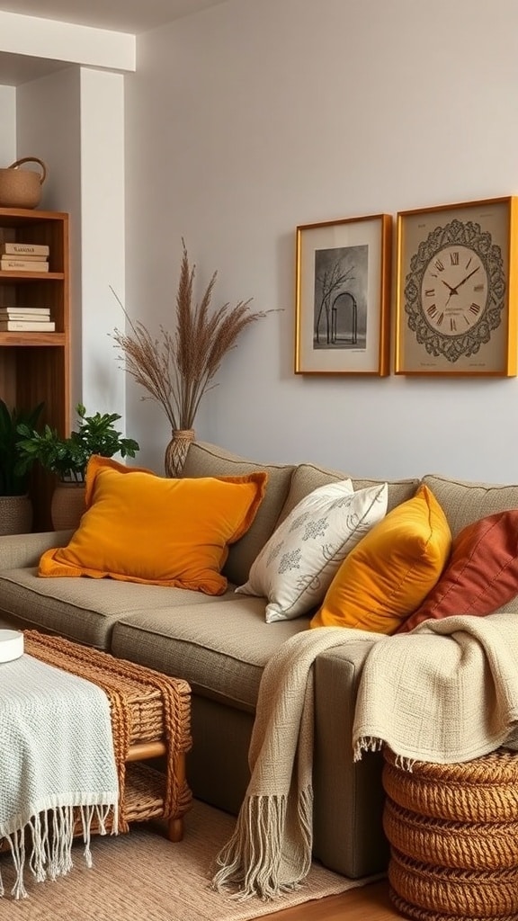 A cozy living room with a beige sofa, ochre yellow pillows, and textured fabrics.