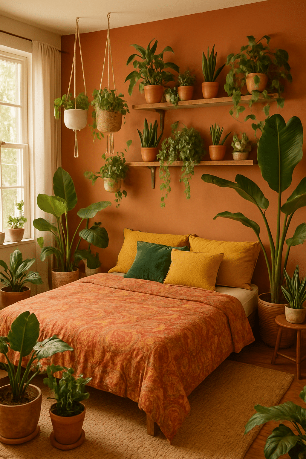 A cozy boho bedroom with terracotta walls, a bed adorned with colorful pillows, and various plants in pots and hanging planters.