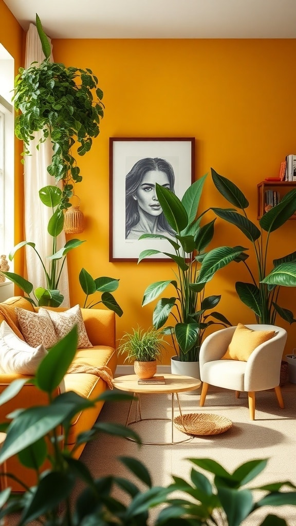 A living room featuring mustard yellow walls, a yellow sofa, and various green plants, creating a vibrant and inviting atmosphere.