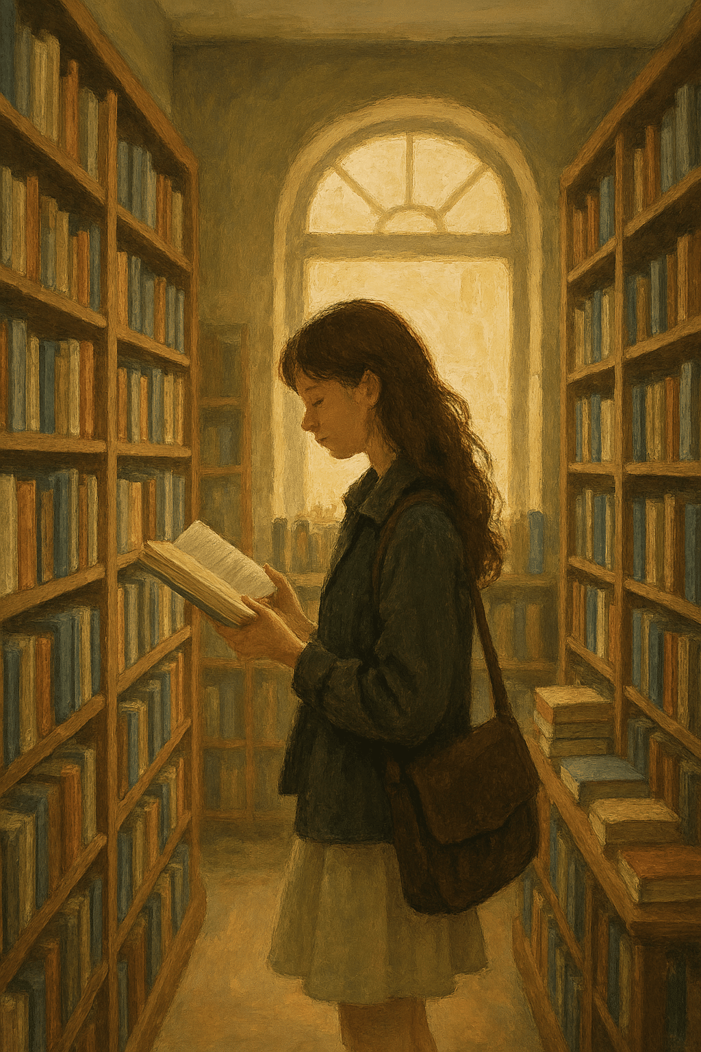 A woman reading a book in a cozy library setting with bookshelves.