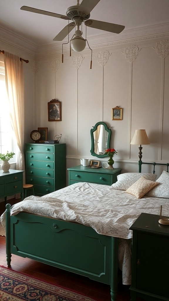 A cozy bedroom featuring vintage green furniture, including a bed, nightstands, and a dresser, with soft bedding and natural light.