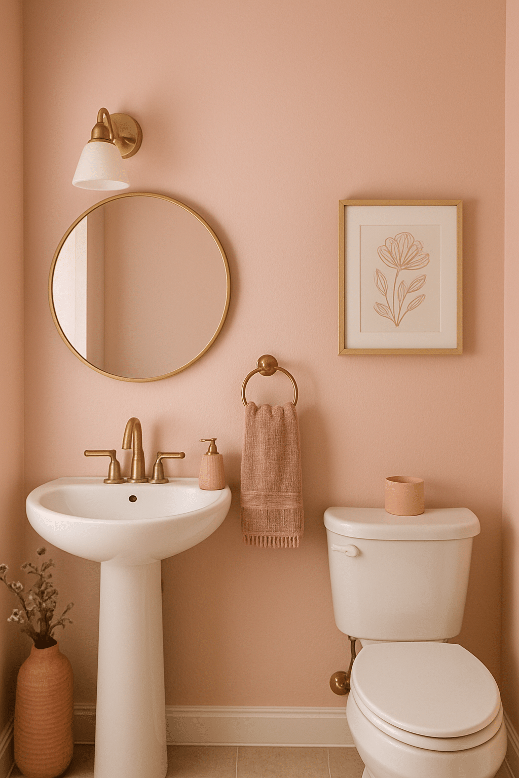 Cozy bathroom with blush pink walls, gold fixtures, and modern decor